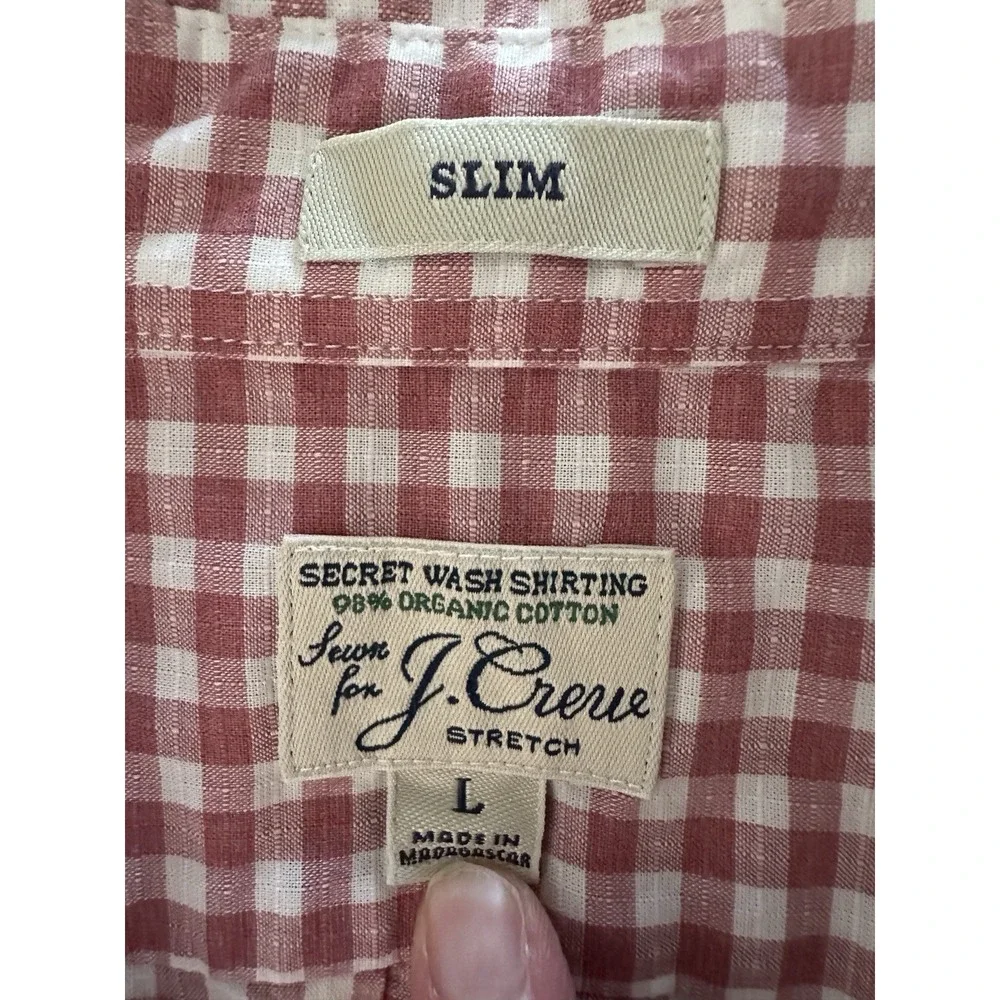 J. Crew Secret Wash Stretch Button Down Shirt Mens Large Slim Pink Plaid Cotton‎